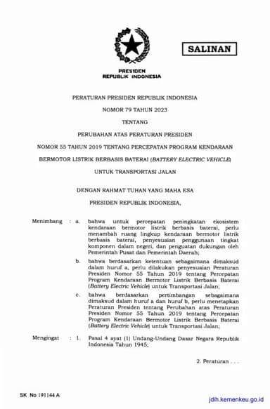 October 28, 2026 Cover page of Indonesian Presidential Regulation No. 79 of 2023, issuing updates to the Battery Electric Vehicle regulation for road transport.