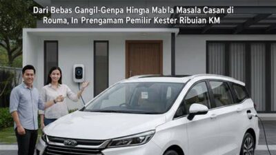 Thumbnail for an Indonesian BYD M6 electric MPV review: a white car parked in a driveway with solar panels on the roof; two people stand beside the car, with bold overlay text reading 'Review Jubur BYD M6 MPV Full Listrik Indonesia'.