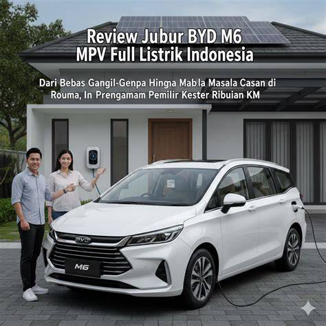 Thumbnail for an Indonesian BYD M6 electric MPV review: a white car parked in a driveway with solar panels on the roof; two people stand beside the car, with bold overlay text reading 'Review Jubur BYD M6 MPV Full Listrik Indonesia'.